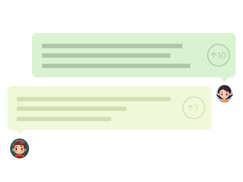Illustration showing two green speech bubbles containing mock text and user votes with the authors avatars